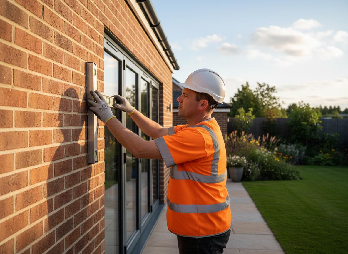 Professional builder inspecting quality brickwork on a modern home extension