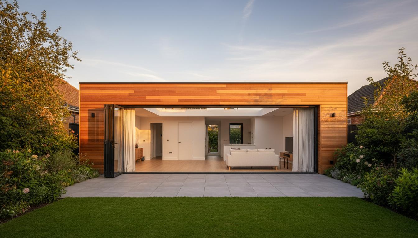 Modern rear house extension with large glass doors and cedar cladding