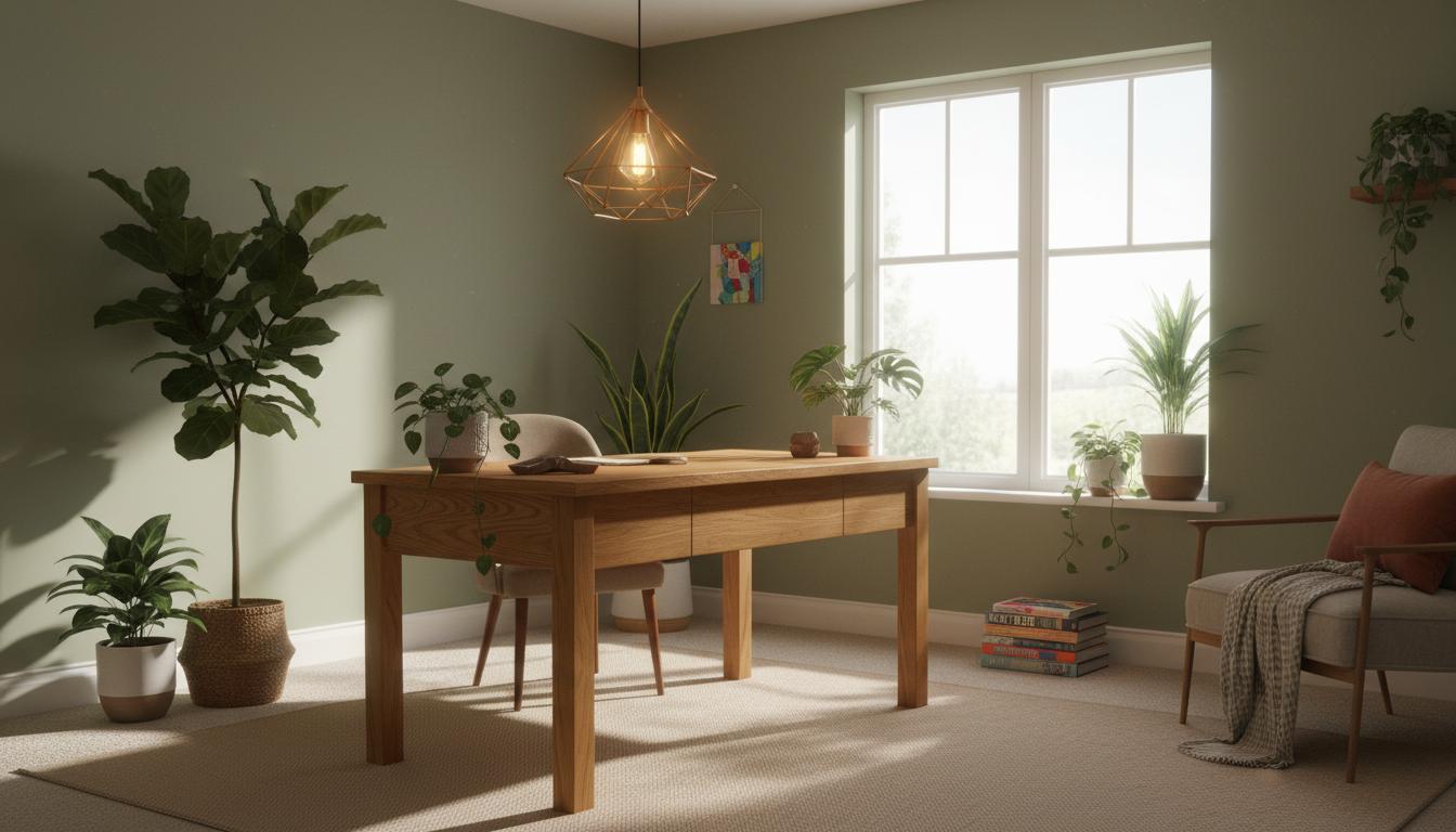 Converted garage turned into a modern home office with warm oak and sage green accents