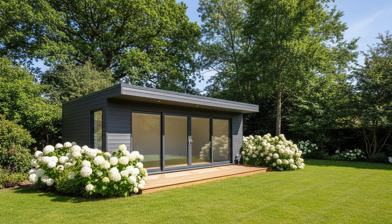 Stunning modern garden studio with dark cladding and white hydrangeas