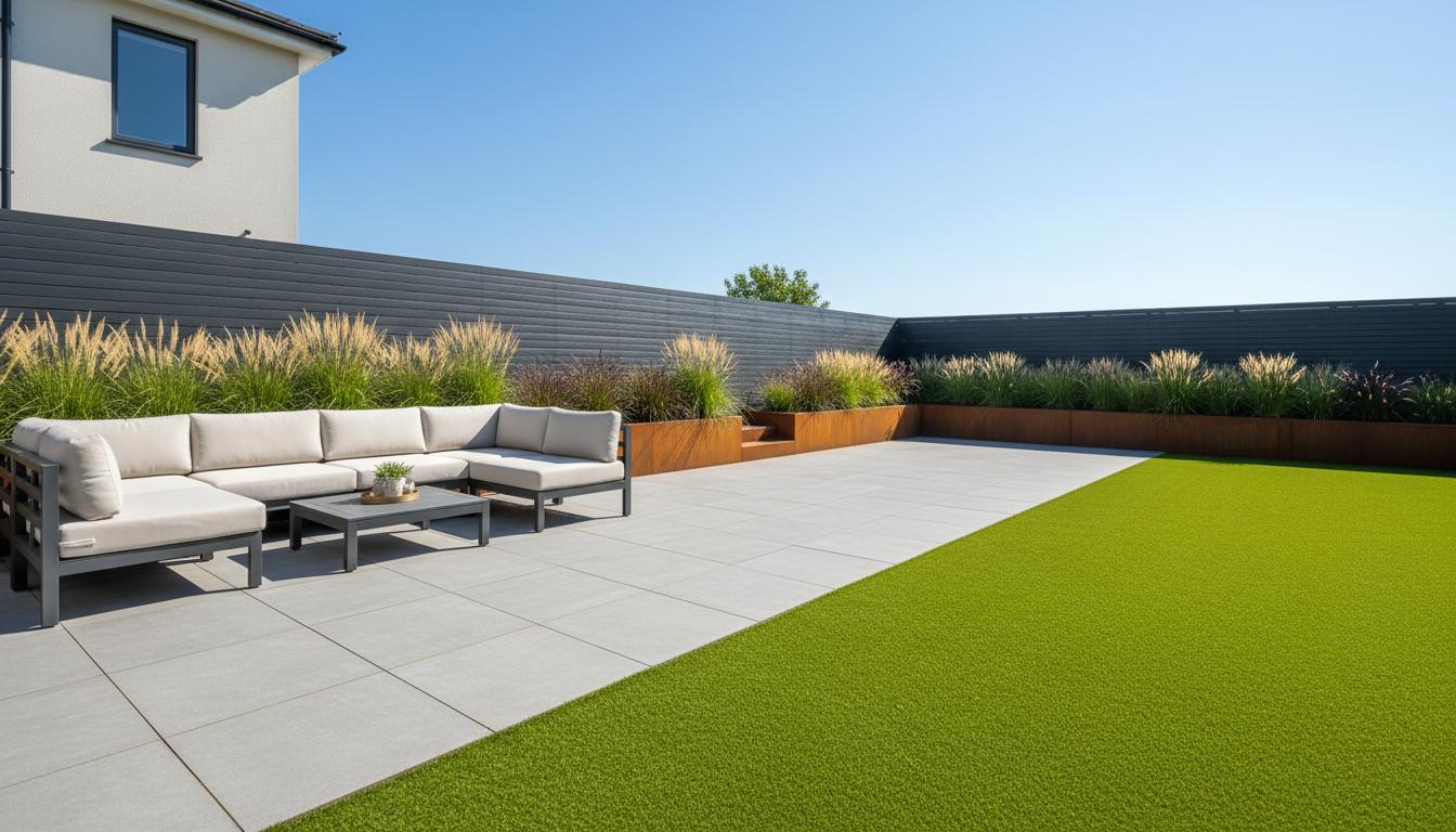 Premium landscaped patio with grey porcelain tiles, corten planters and vibrant artificial lawn