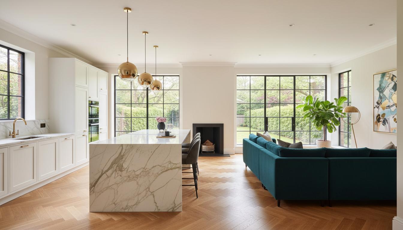 Luxurious open-plan kitchen and living space after full property refurbishment