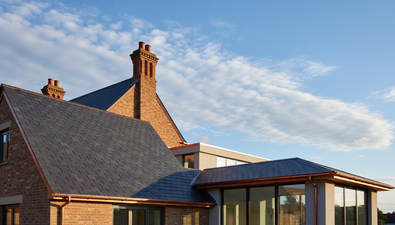 Elegant slate roof on a traditional UK house with modern extension and copper guttering